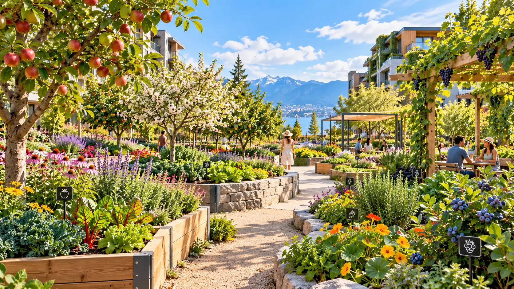 Productive edible landscape with fruit trees, raised garden beds, and residents beside residential buildings