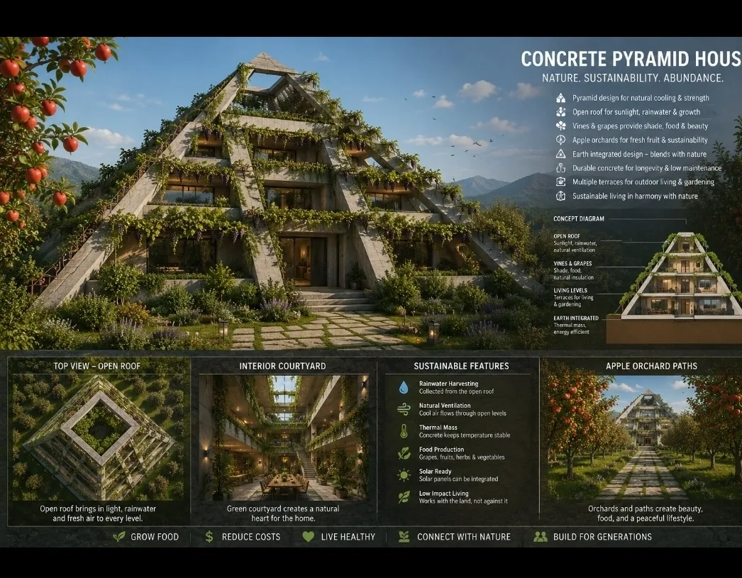 Concrete pyramid house concept blending vines, orchards, terraces and thermal-mass walls with the surrounding landscape.