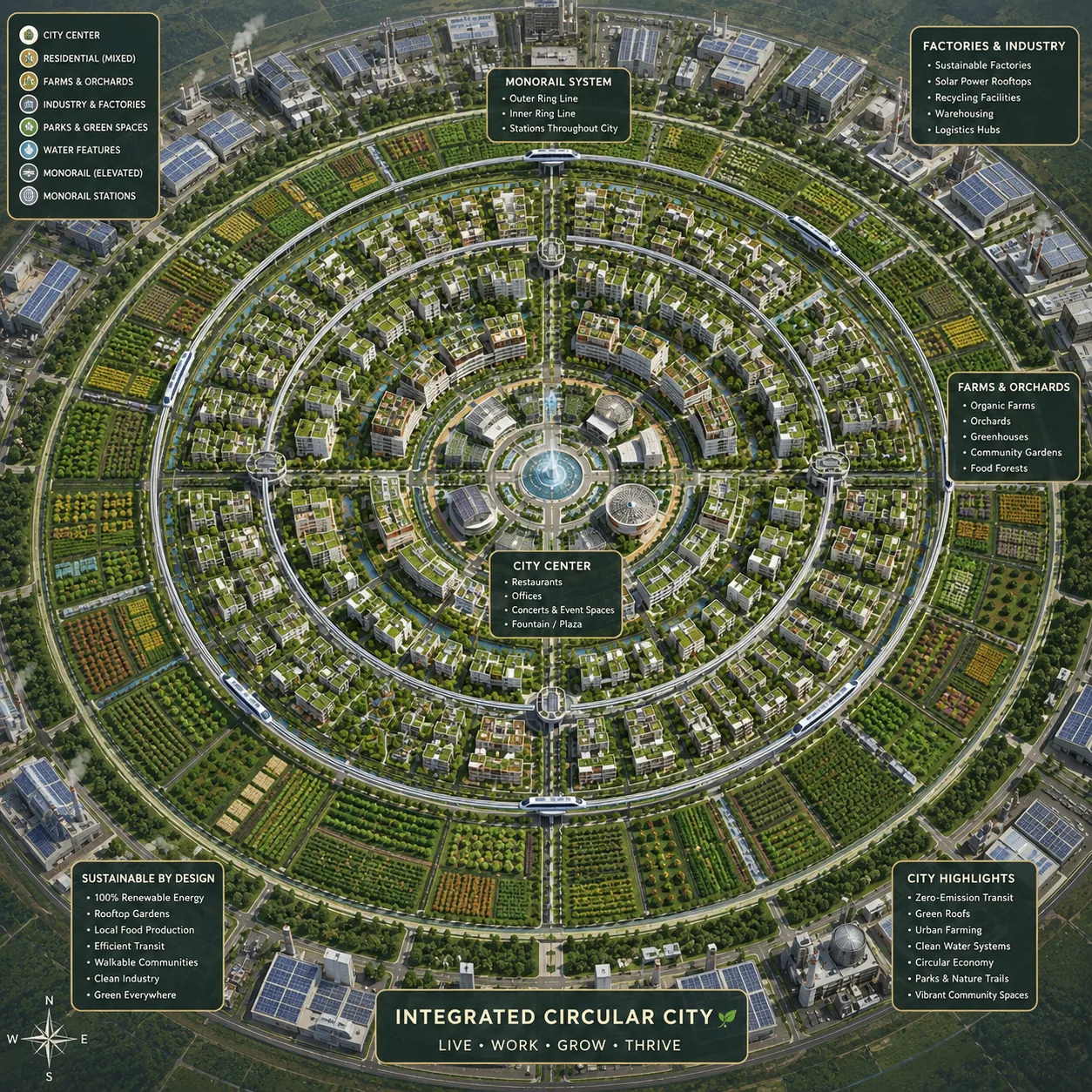 Conceptual circular city with renewable energy, urban agriculture, monorail transit, mixed-use districts and integrated public space.