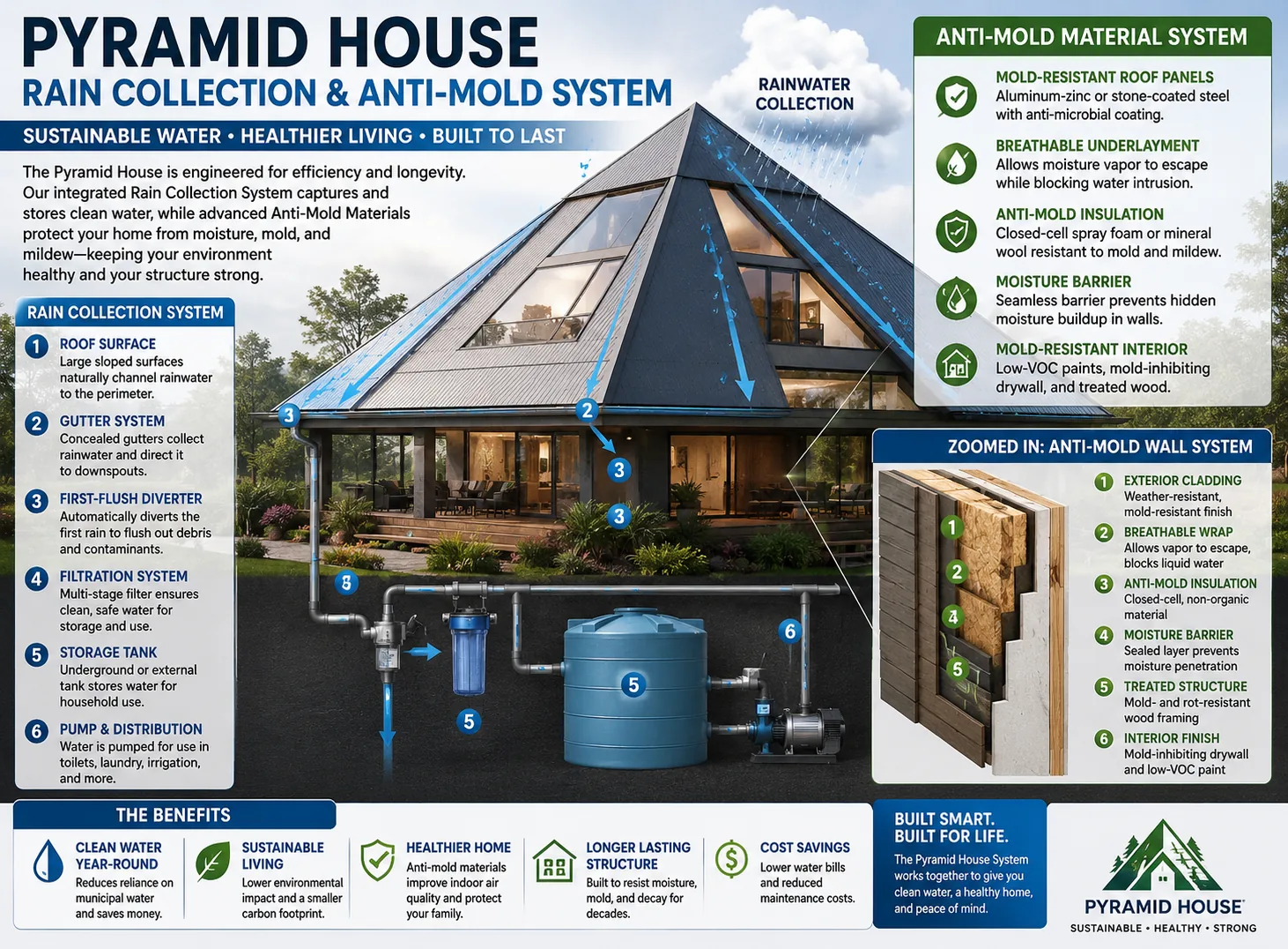 Infographic of roof rain harvesting, first-flush diversion, filtration, storage, distribution and a mold-resistant wall assembly.