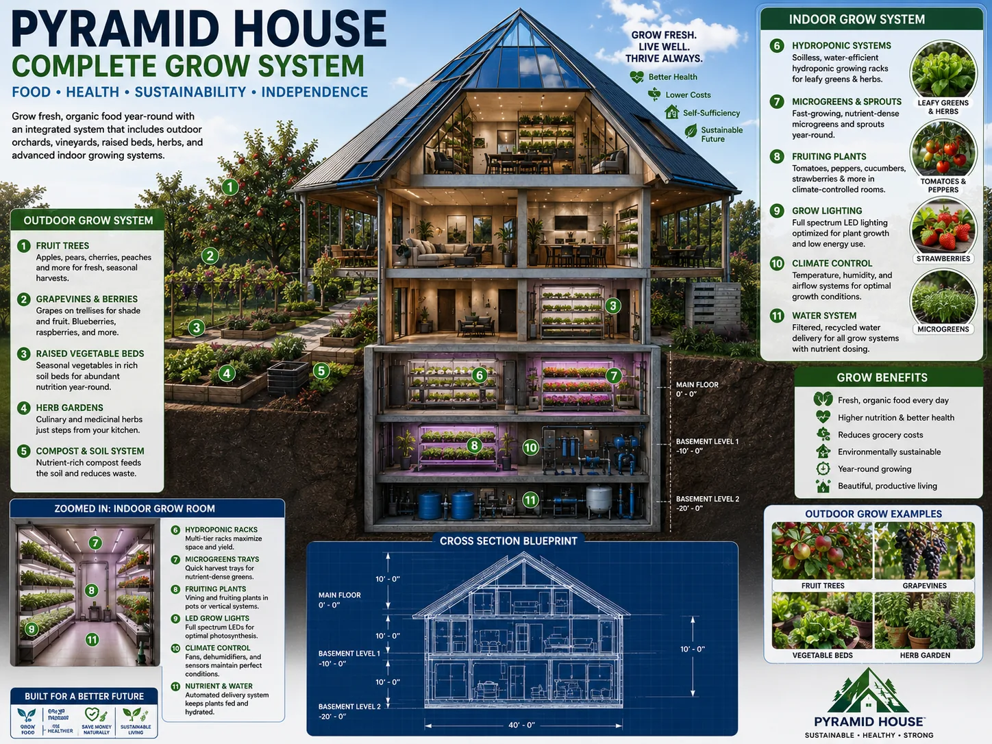 Diagram of an integrated outdoor and indoor food production system with fruit trees, hydroponics, microgreens, climate control and rain-fed water.